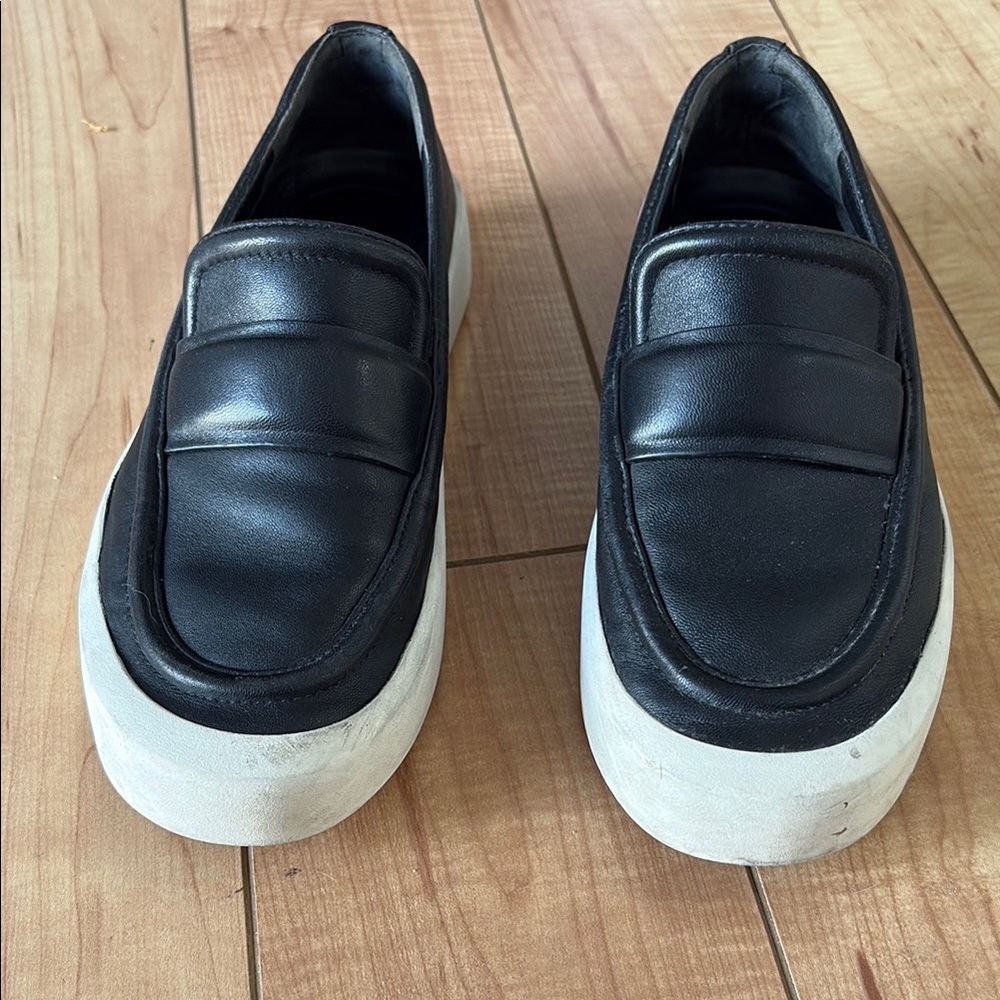 Vince Black Leather Flats with Penny Loafer Design